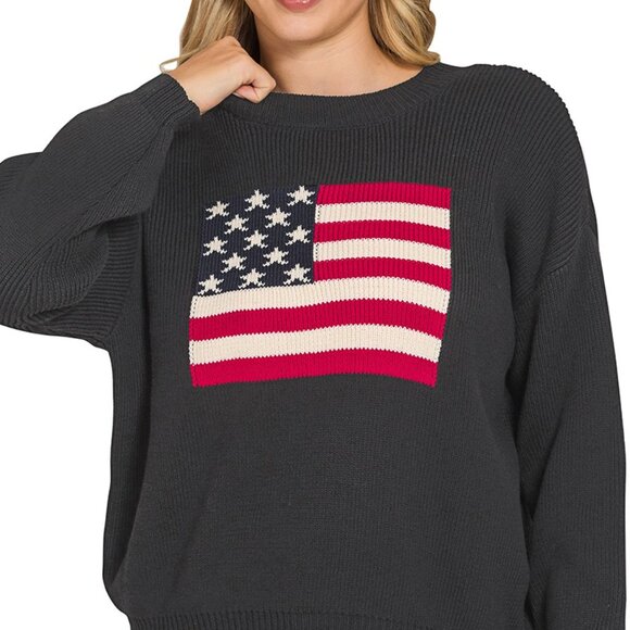 Zenana American Flag Crew Neck Sweater - Picture 1 of 2